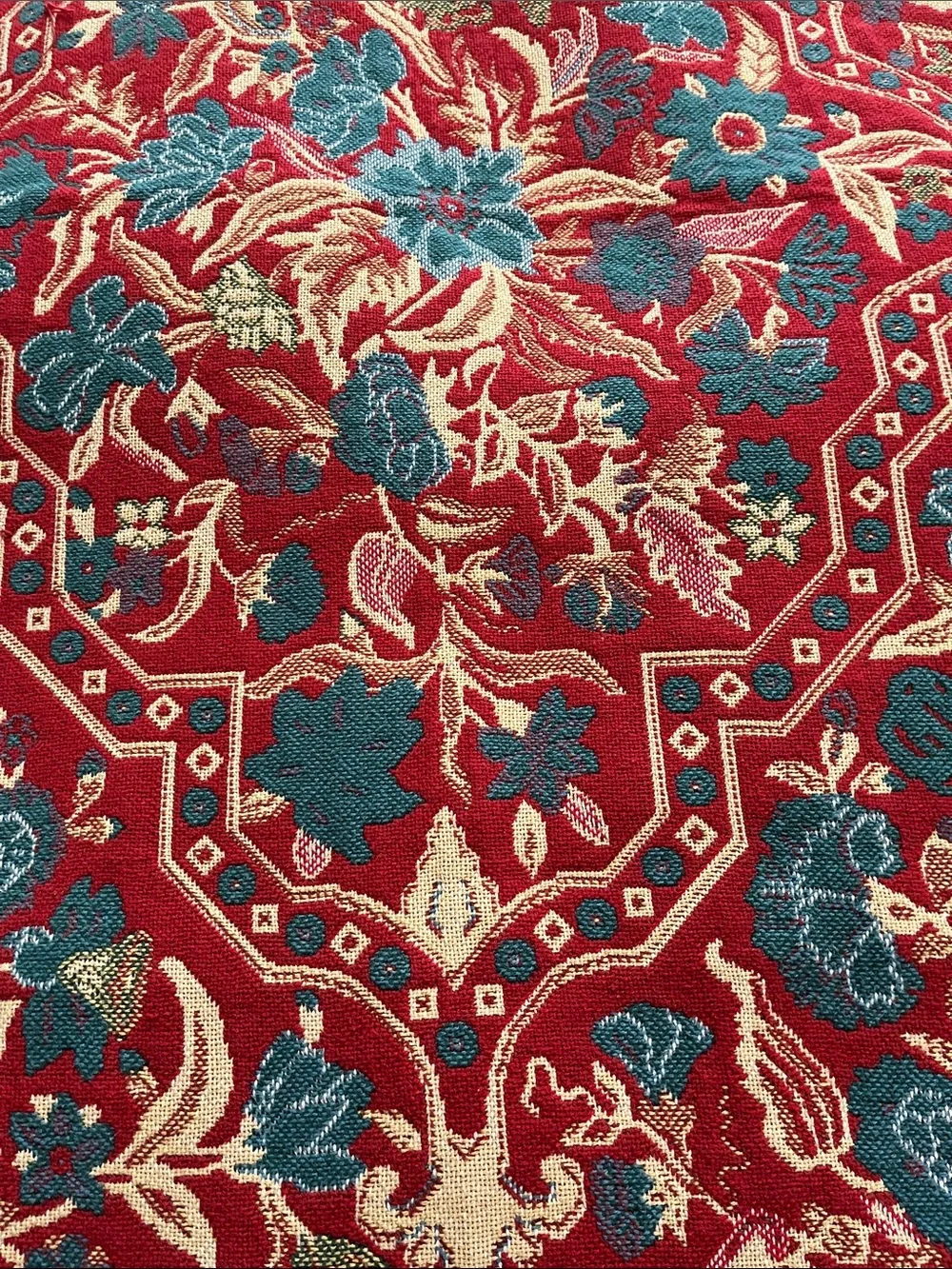 Vintage Colonial Williamsburg Red Floral Woven Throw Blanket with Teal Accents